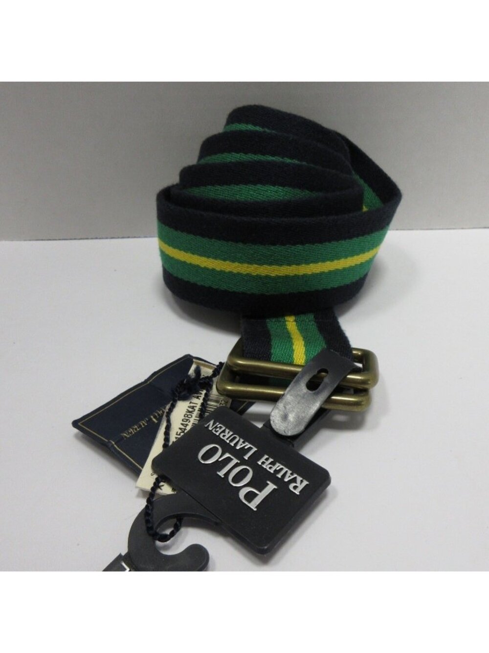 VGT Polo Ralph Lauren Belt XL Green Striped D-Ring Webbing Brass